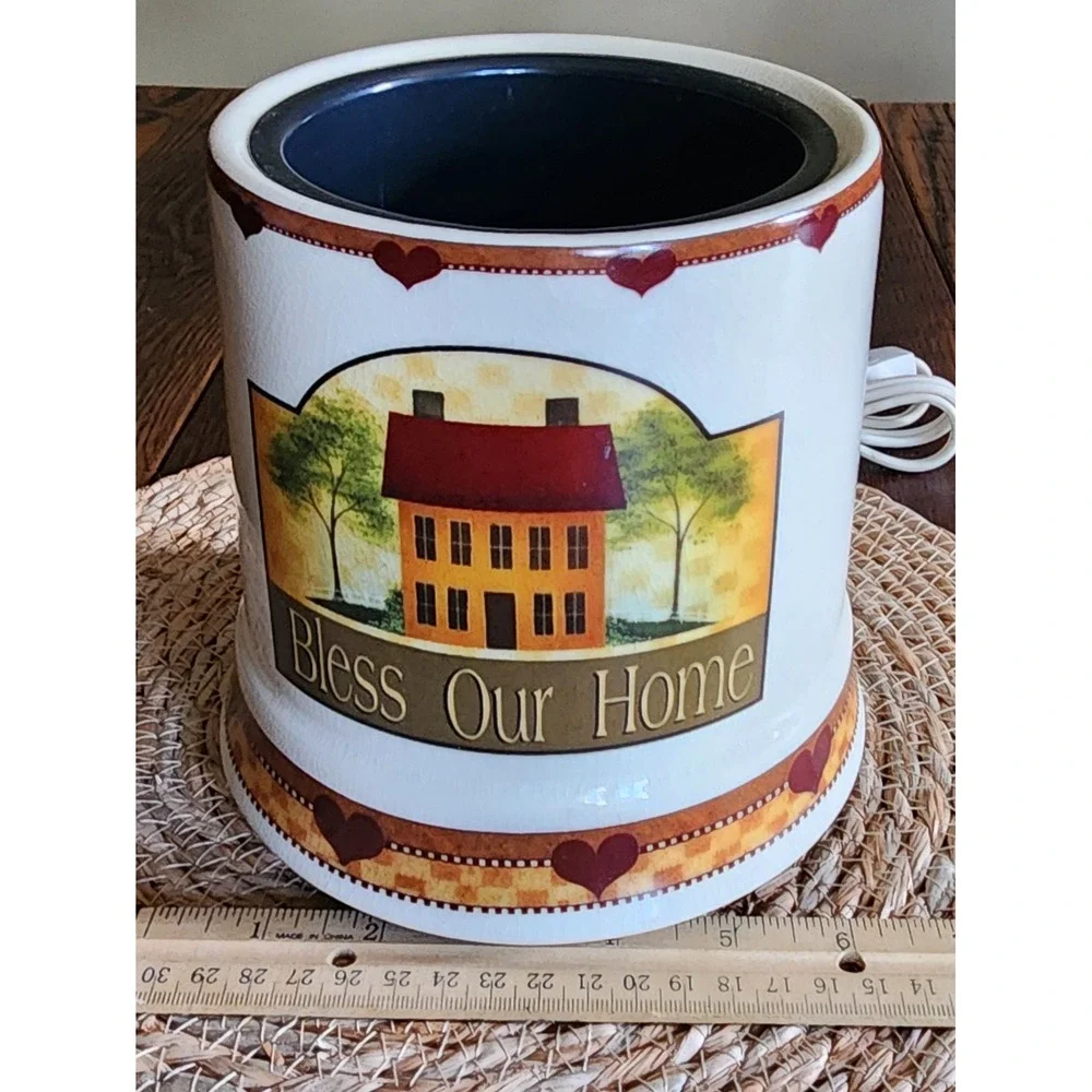 Vintage Bless Our Home Electric Jar Candle Warmer Ceramic Primitive Country